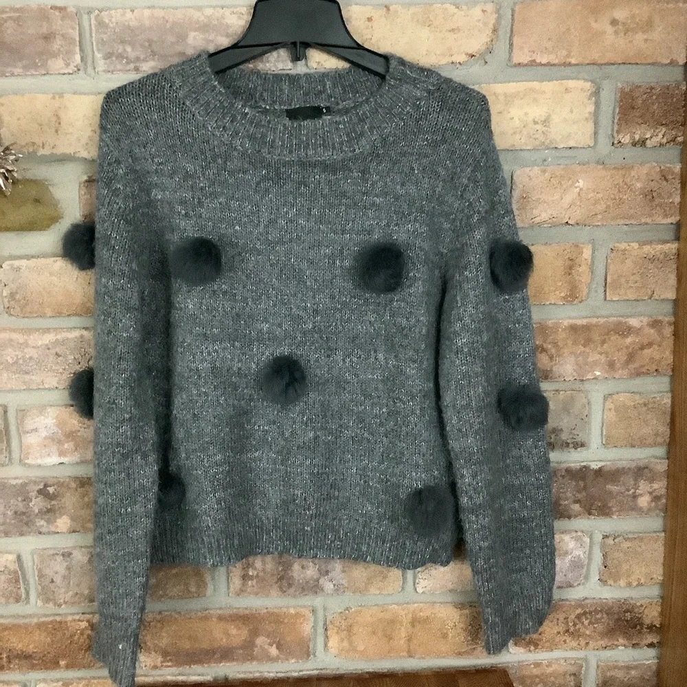 Cliche’ Pom Pom Gray Marled-Knit Wool Sweater 185
